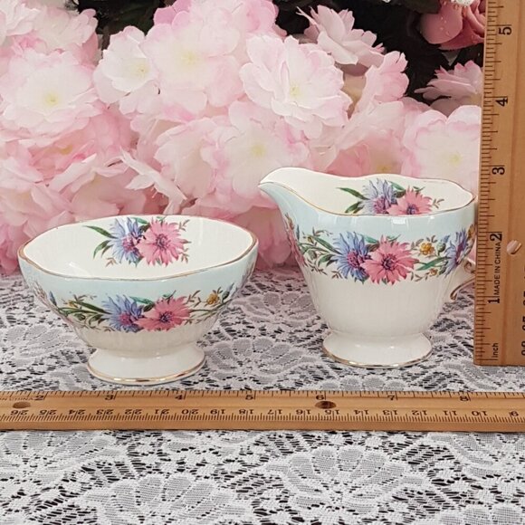 EB Foley Cornflower Blue Bone China Sugar Bowl and Milk Jug Set Pink Blue Flower - Picture 10 of 10